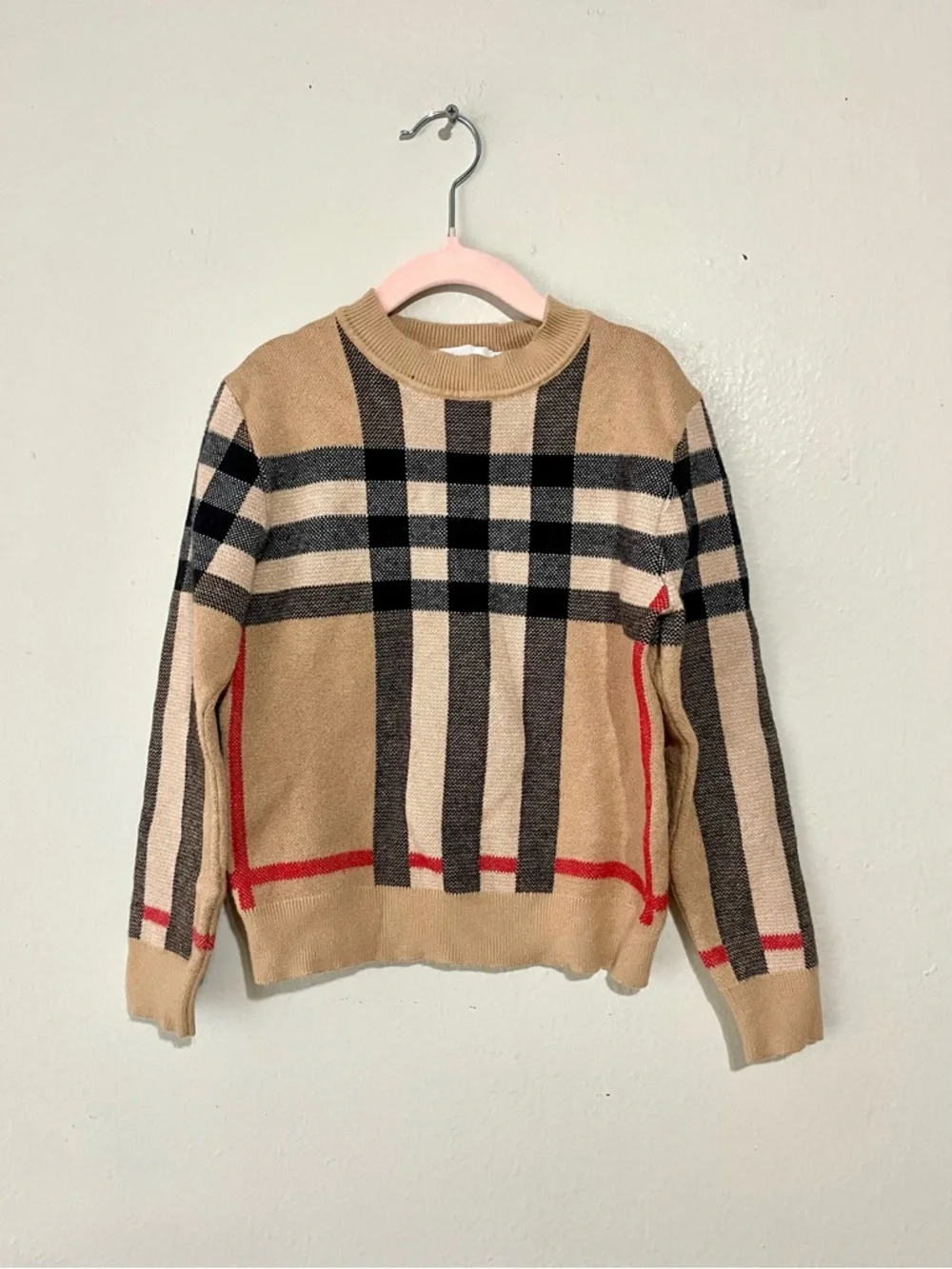 Burberry Tan Black Cream Plaid Kids Sweater with Red Accents